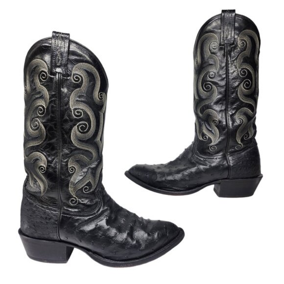 Tony Lama Boots Ostrich Leather Black Heeled Cowboy Tall - Picture 1 of 8